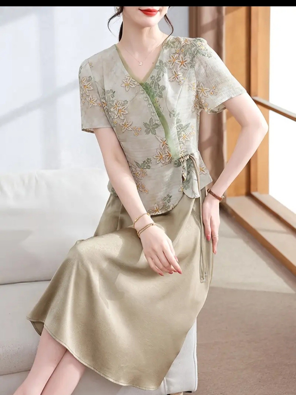 Elegant Sage Green Floral Wrap Skirt